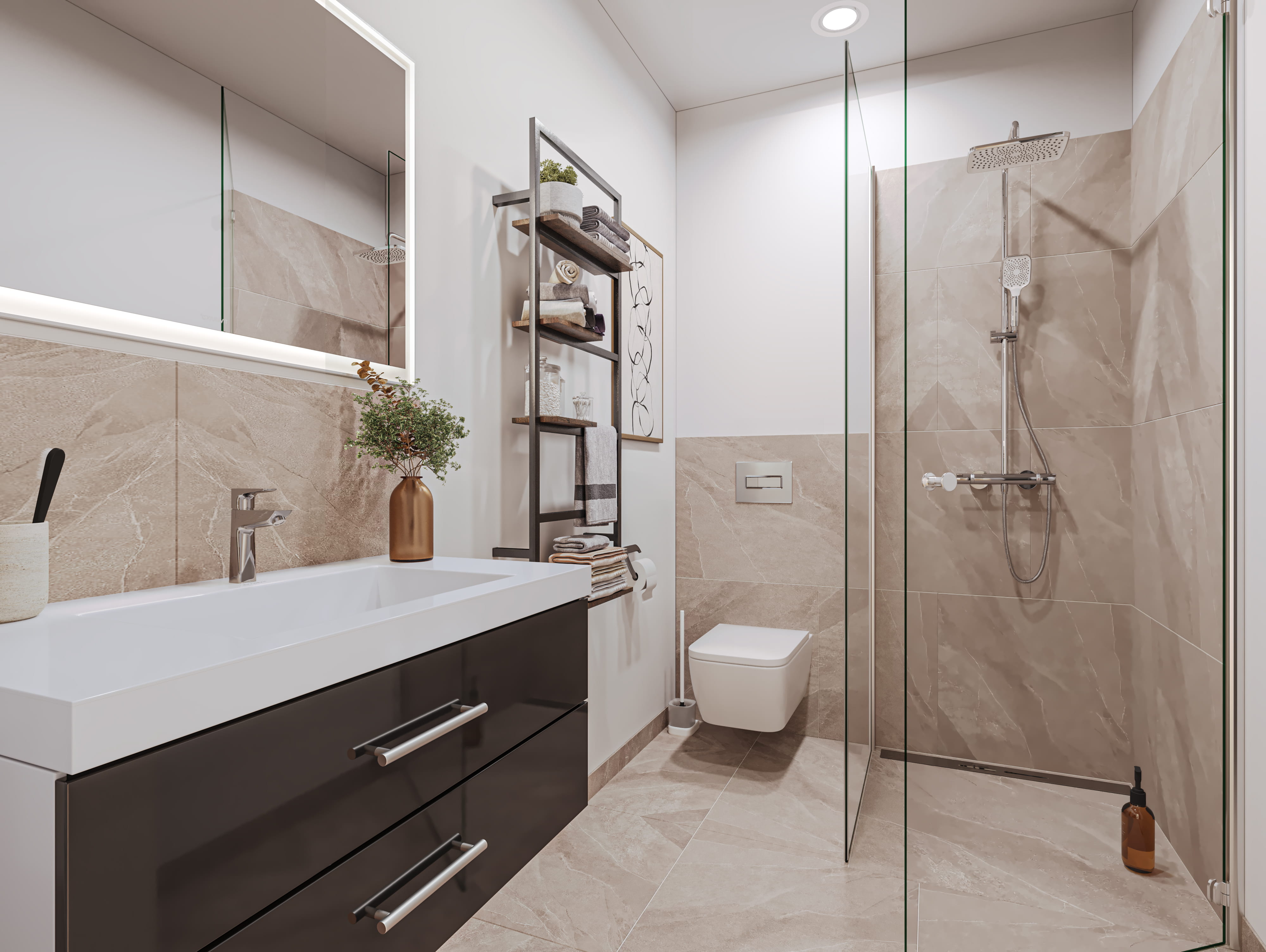 Modernes, stilvoll eingerichtetes Badezimmer mit bodengleicher Walk-in-Dusche, eleganter Glaswand und Regendusche. Der Raum besticht durch großformatige Fliesen in warmer Natursteinoptik, einen dunklen Waschtisch mit beleuchtetem Spiegel, ein wandhängendes WC sowie ein praktisches Wandregal für Handtücher. Dieses hochwertige Interieur-Motiv eignet sich ideal für die professionelle Immobilienvermarktung, virtuelles Home Staging und Inspirationen zur modernen Badgestaltung.